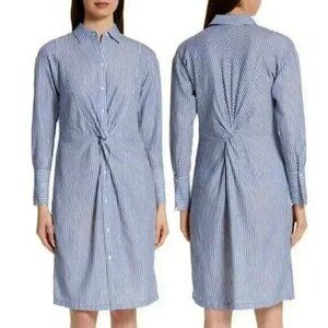 New Vince Striped Twist Front Cotton Blend Shirtdress Blue 4 $395